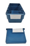 Plastic storage bin with divider, window and label