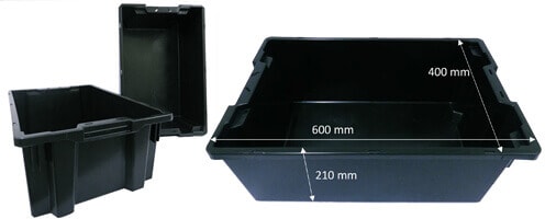 Black plastic storage tote bin with dimensions