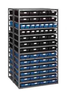 Double sided shelving with delabins for hydraulic part storage